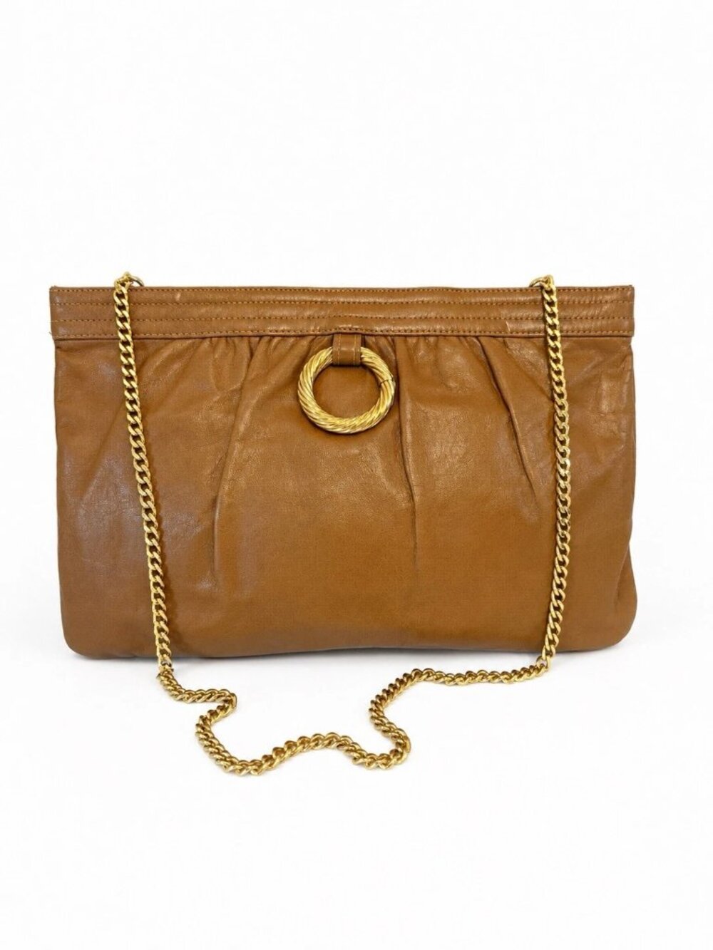 Vintage Morris Moskowitz Brown Leather Shoulder Clutch Purse Gold Chain